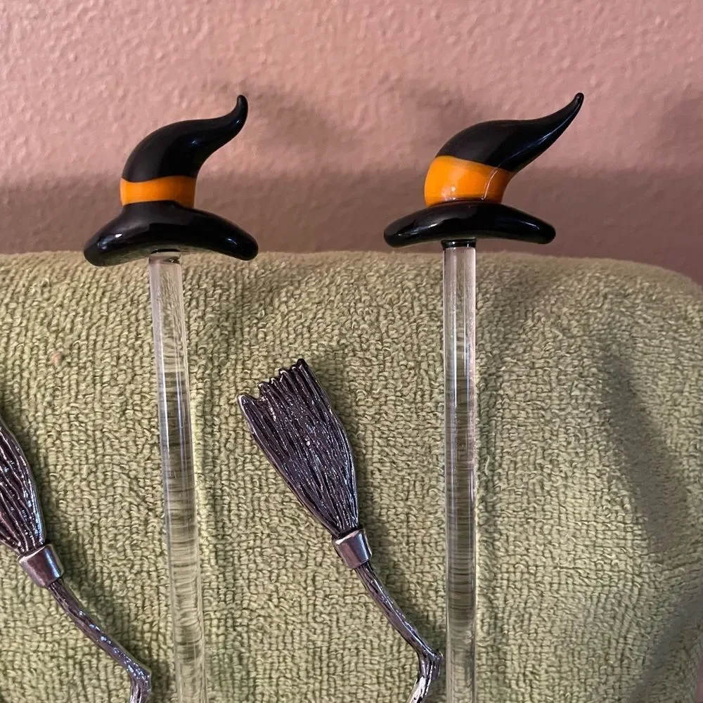 Blown Glass Witch Hat Stir Sticks Metal Broom Stir Sticks lot of 8!
